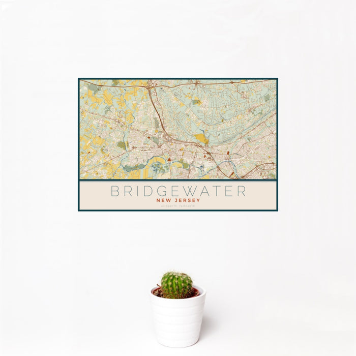 12x18 Bridgewater New Jersey Map Print Landscape Orientation in Woodblock Style With Small Cactus Plant in White Planter