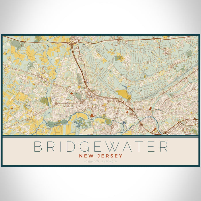 Bridgewater New Jersey Map Print Landscape Orientation in Woodblock Style With Shaded Background