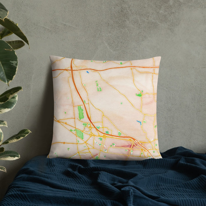 Custom Bridgewater Township New Jersey Map Throw Pillow in Watercolor on Bedding Against Wall