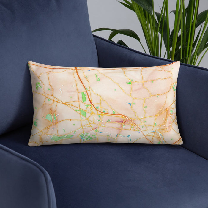 Custom Bridgewater Township New Jersey Map Throw Pillow in Watercolor on Blue Colored Chair