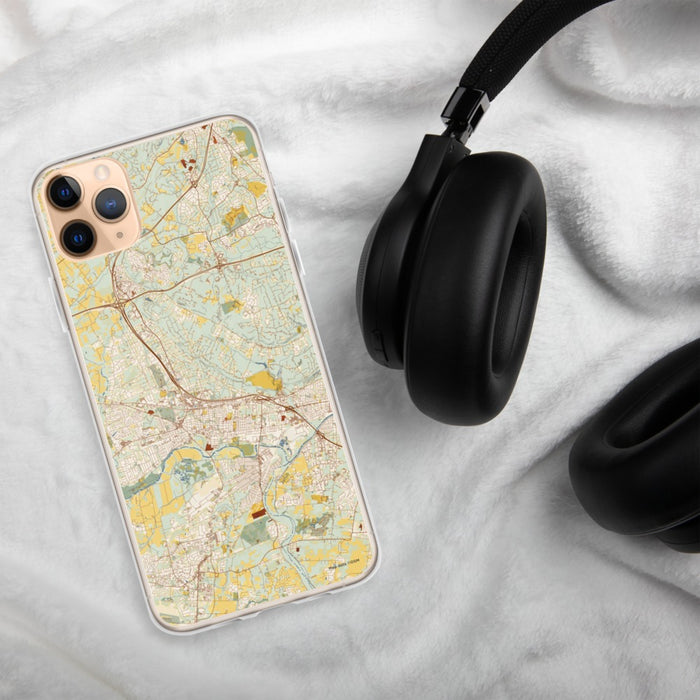 Custom Bridgewater Township New Jersey Map Phone Case in Woodblock on Table with Black Headphones