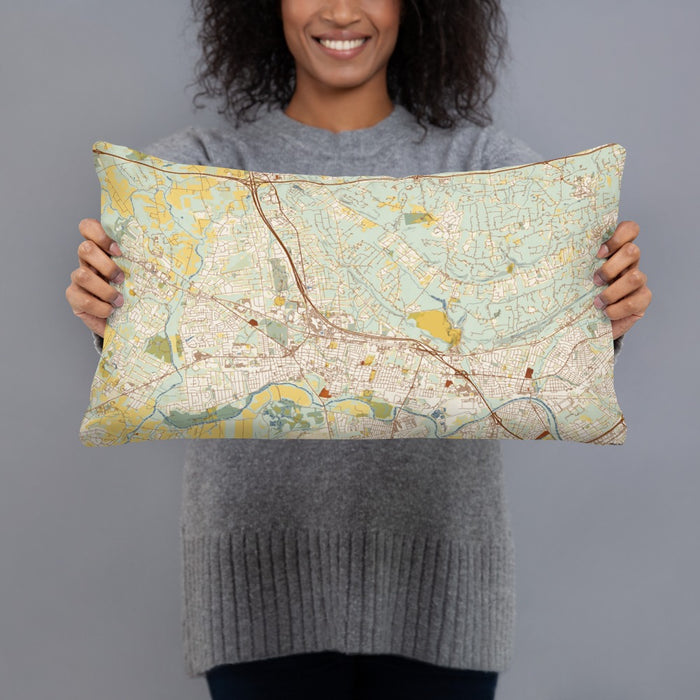 Person holding 20x12 Custom Bridgewater Township New Jersey Map Throw Pillow in Woodblock