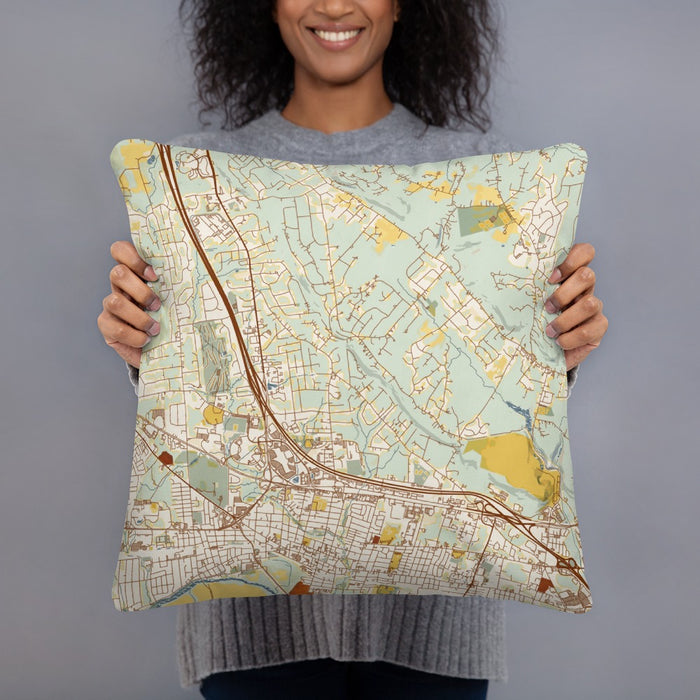 Person holding 18x18 Custom Bridgewater Township New Jersey Map Throw Pillow in Woodblock