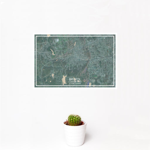 12x18 Bristol Connecticut Map Print Landscape Orientation in Afternoon Style With Small Cactus Plant in White Planter