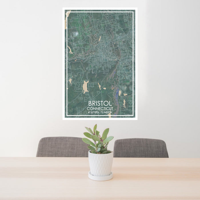 24x36 Bristol Connecticut Map Print Portrait Orientation in Afternoon Style Behind 2 Chairs Table and Potted Plant