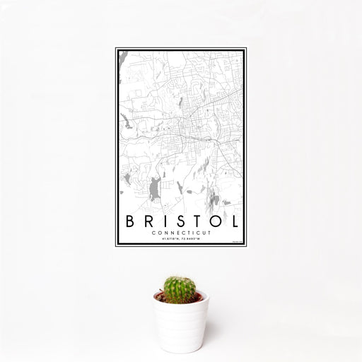 12x18 Bristol Connecticut Map Print Portrait Orientation in Classic Style With Small Cactus Plant in White Planter