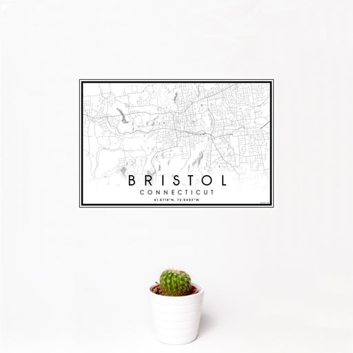 12x18 Bristol Connecticut Map Print Landscape Orientation in Classic Style With Small Cactus Plant in White Planter