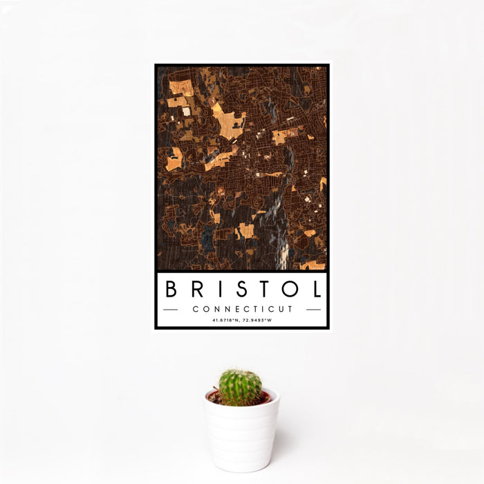 12x18 Bristol Connecticut Map Print Portrait Orientation in Ember Style With Small Cactus Plant in White Planter