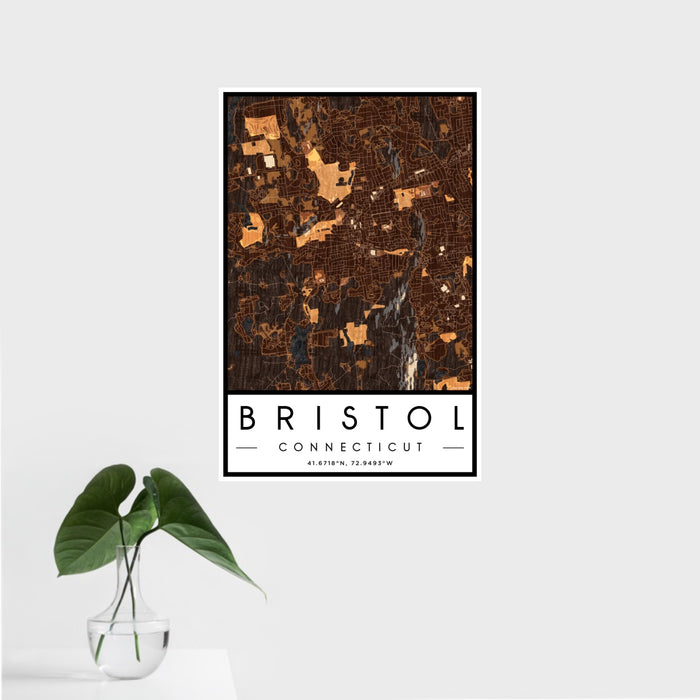 16x24 Bristol Connecticut Map Print Portrait Orientation in Ember Style With Tropical Plant Leaves in Water