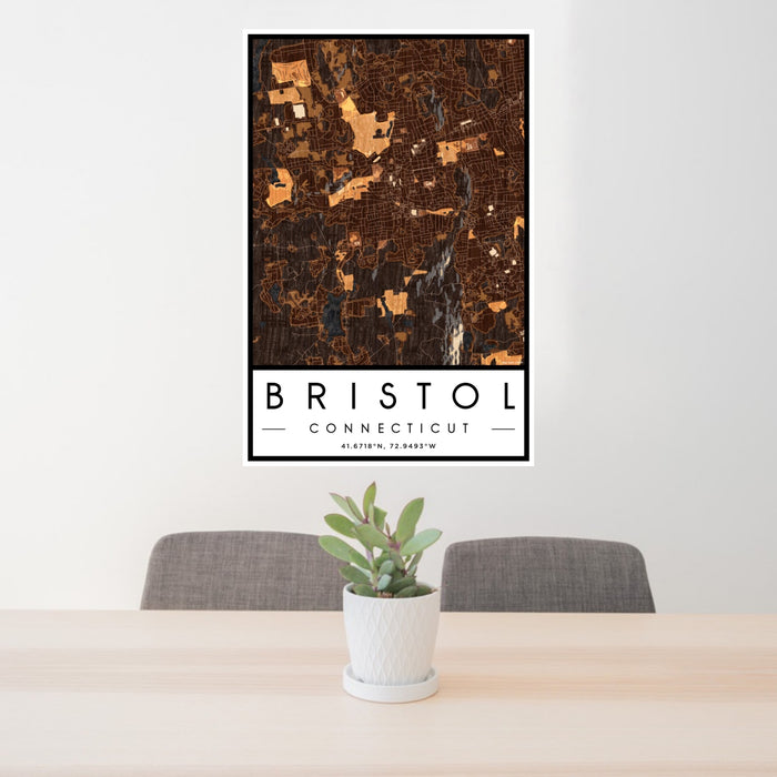 24x36 Bristol Connecticut Map Print Portrait Orientation in Ember Style Behind 2 Chairs Table and Potted Plant