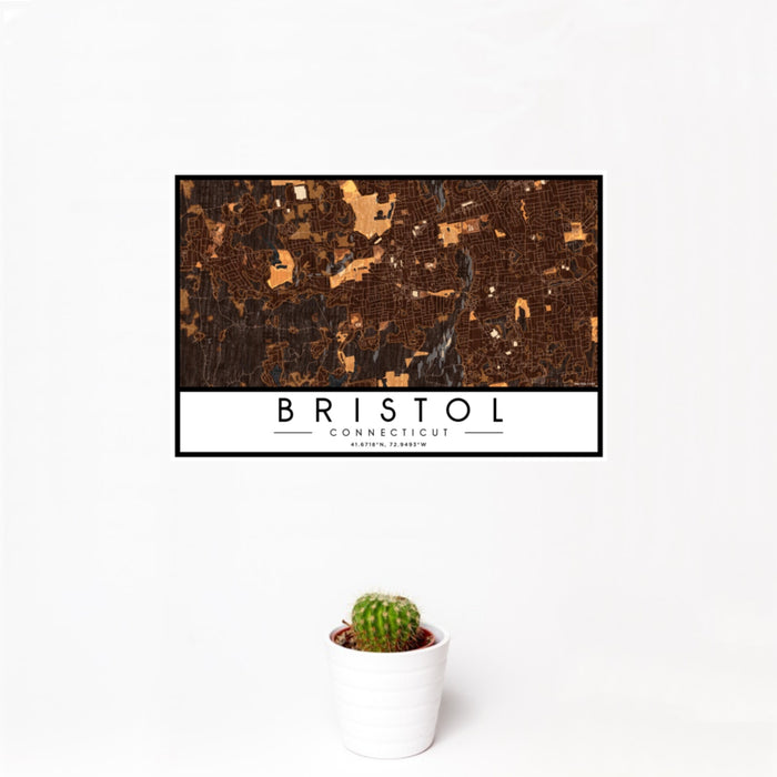 12x18 Bristol Connecticut Map Print Landscape Orientation in Ember Style With Small Cactus Plant in White Planter