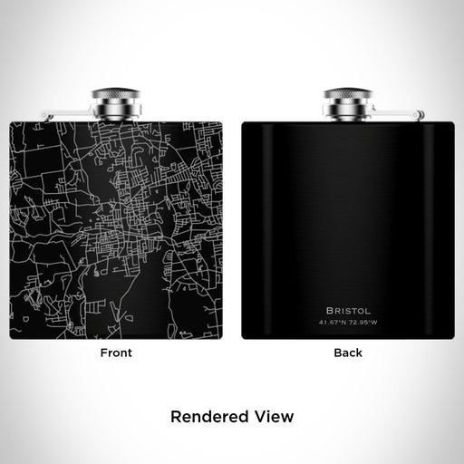 Rendered View of Bristol Connecticut Map Engraving on 6oz Stainless Steel Flask in Black