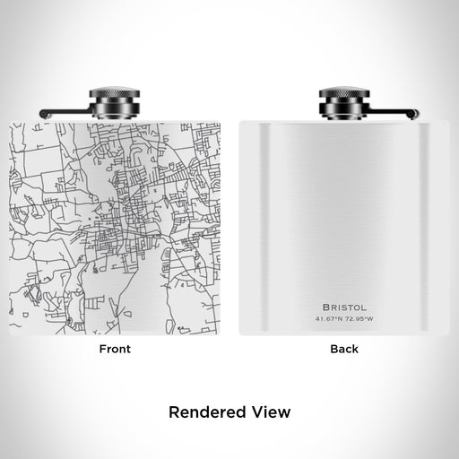 Rendered View of Bristol Connecticut Map Engraving on 6oz Stainless Steel Flask in White