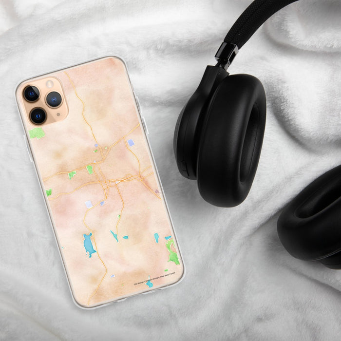 Custom Bristol Connecticut Map Phone Case in Watercolor on Table with Black Headphones