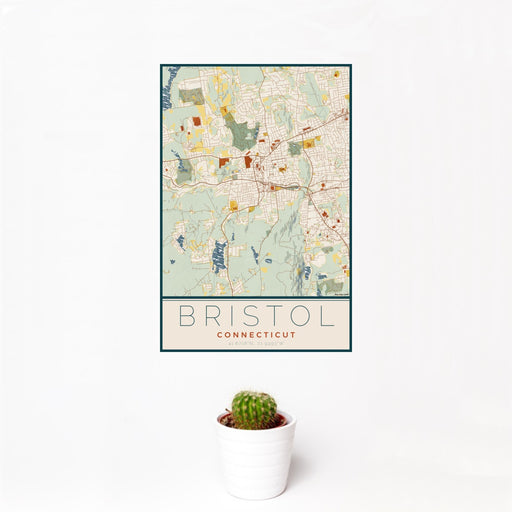 12x18 Bristol Connecticut Map Print Portrait Orientation in Woodblock Style With Small Cactus Plant in White Planter