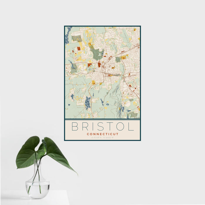 16x24 Bristol Connecticut Map Print Portrait Orientation in Woodblock Style With Tropical Plant Leaves in Water