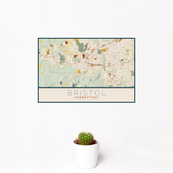 12x18 Bristol Connecticut Map Print Landscape Orientation in Woodblock Style With Small Cactus Plant in White Planter