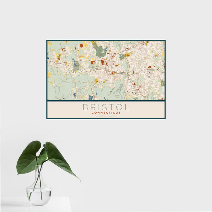 16x24 Bristol Connecticut Map Print Landscape Orientation in Woodblock Style With Tropical Plant Leaves in Water
