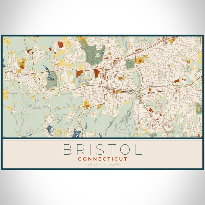Bristol Connecticut Map Print Landscape Orientation in Woodblock Style With Shaded Background