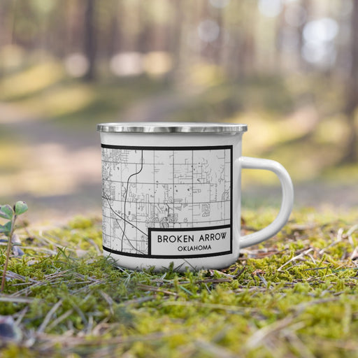 Right View Custom Broken Arrow Oklahoma Map Enamel Mug in Classic on Grass With Trees in Background
