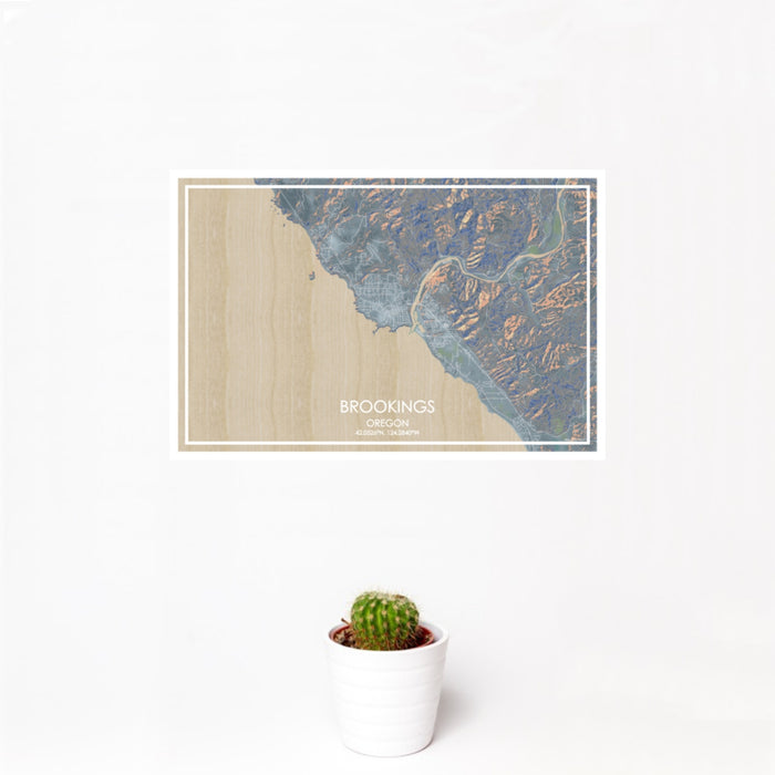 12x18 Brookings Oregon Map Print Landscape Orientation in Afternoon Style With Small Cactus Plant in White Planter