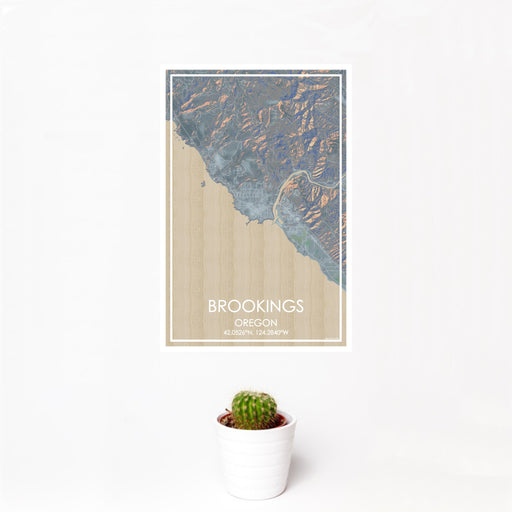 12x18 Brookings Oregon Map Print Portrait Orientation in Afternoon Style With Small Cactus Plant in White Planter