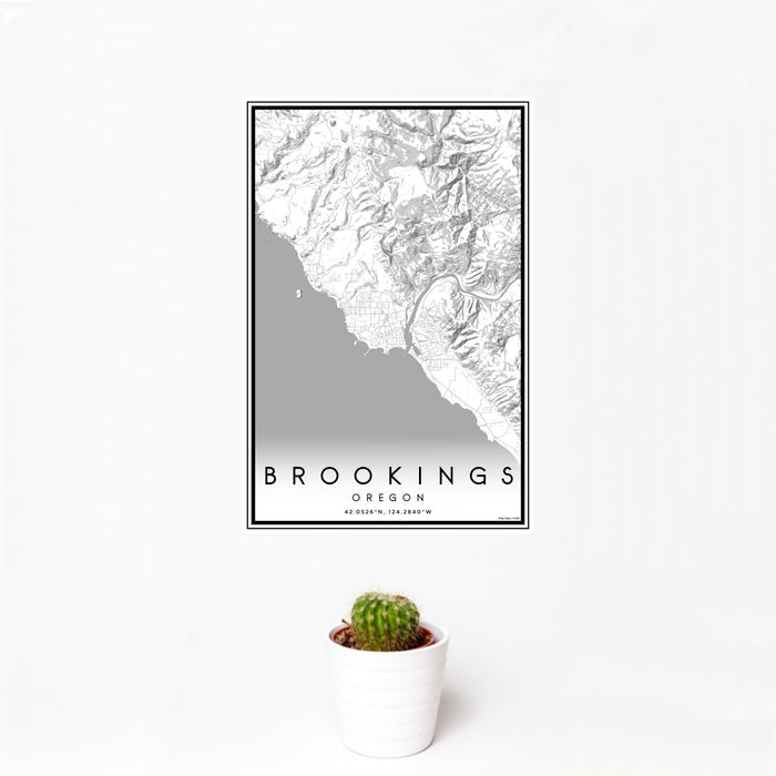 12x18 Brookings Oregon Map Print Portrait Orientation in Classic Style With Small Cactus Plant in White Planter