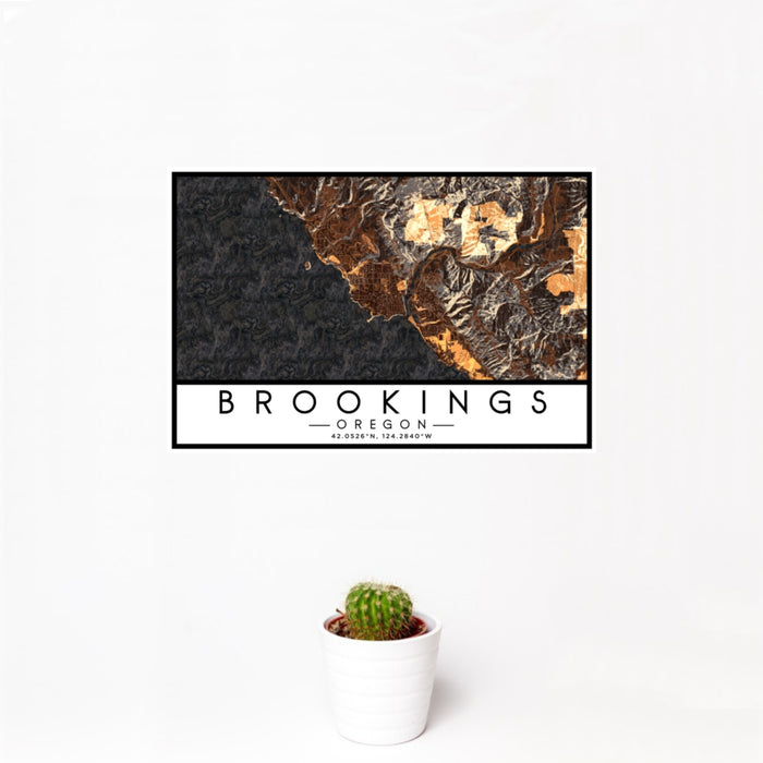 12x18 Brookings Oregon Map Print Landscape Orientation in Ember Style With Small Cactus Plant in White Planter