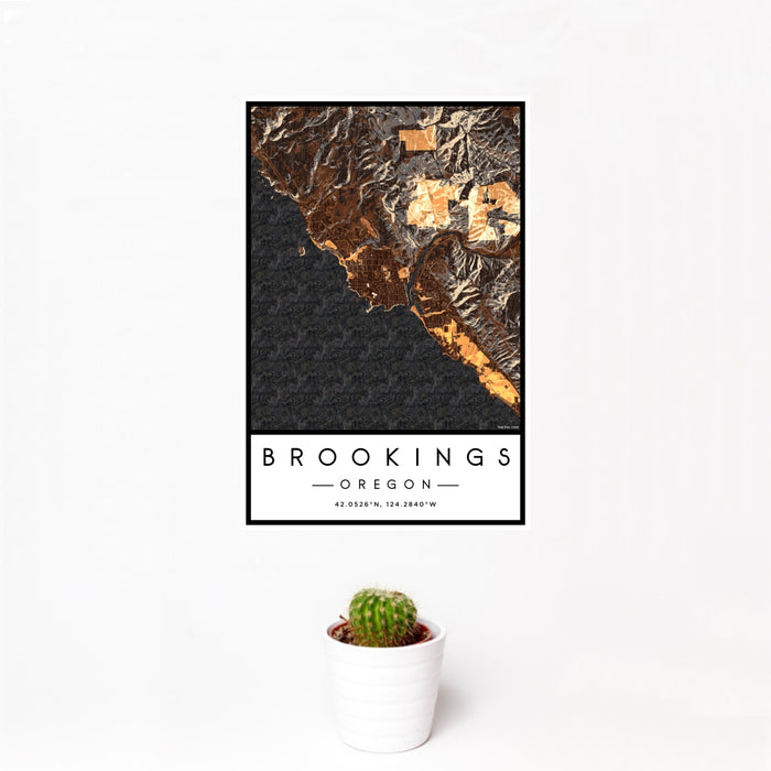 12x18 Brookings Oregon Map Print Portrait Orientation in Ember Style With Small Cactus Plant in White Planter