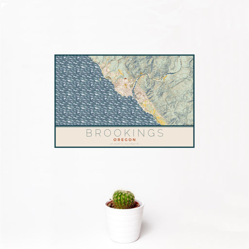 12x18 Brookings Oregon Map Print Landscape Orientation in Woodblock Style With Small Cactus Plant in White Planter