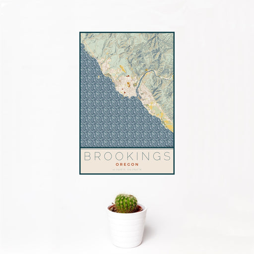 12x18 Brookings Oregon Map Print Portrait Orientation in Woodblock Style With Small Cactus Plant in White Planter