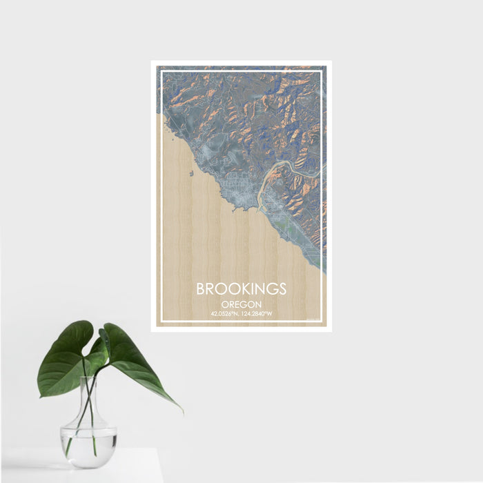 16x24 Brookings Oregon Map Print Portrait Orientation in Afternoon Style With Tropical Plant Leaves in Water