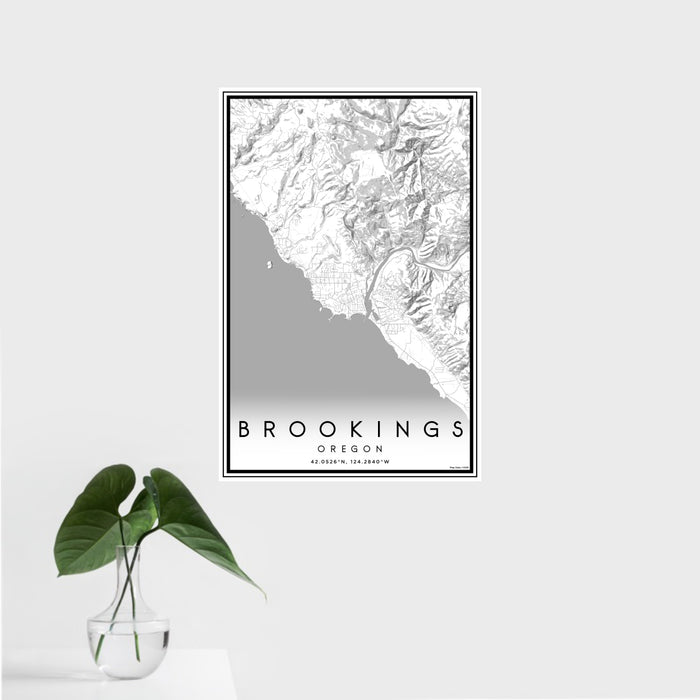 16x24 Brookings Oregon Map Print Portrait Orientation in Classic Style With Tropical Plant Leaves in Water