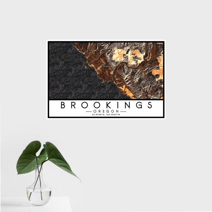 16x24 Brookings Oregon Map Print Landscape Orientation in Ember Style With Tropical Plant Leaves in Water