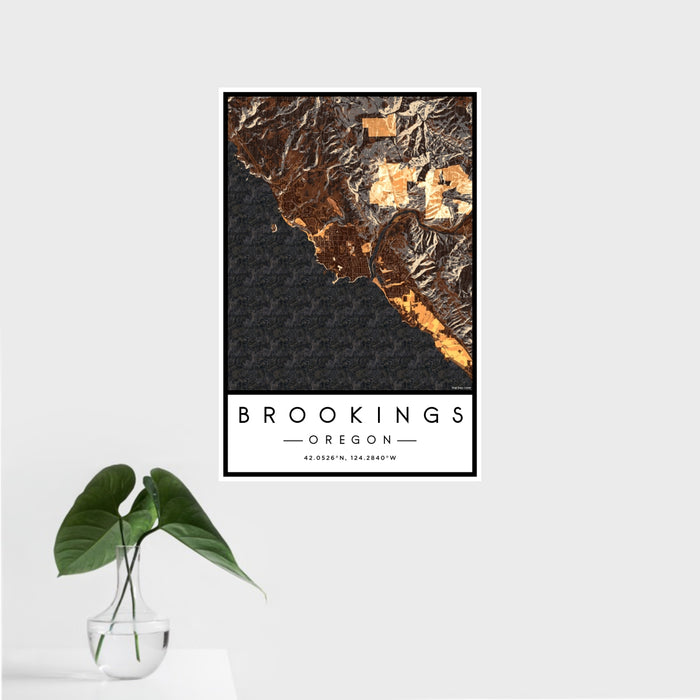 16x24 Brookings Oregon Map Print Portrait Orientation in Ember Style With Tropical Plant Leaves in Water