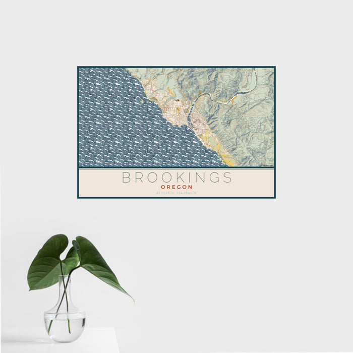 16x24 Brookings Oregon Map Print Landscape Orientation in Woodblock Style With Tropical Plant Leaves in Water
