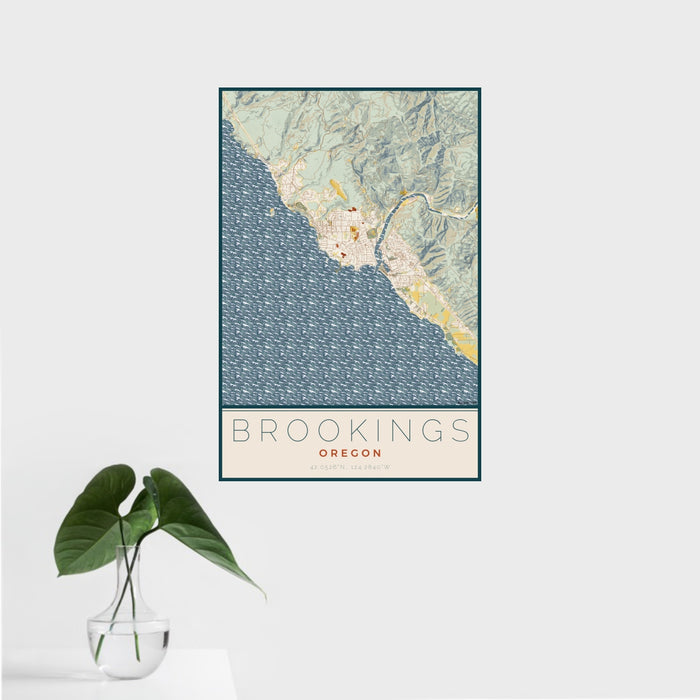 16x24 Brookings Oregon Map Print Portrait Orientation in Woodblock Style With Tropical Plant Leaves in Water
