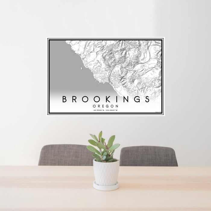 24x36 Brookings Oregon Map Print Lanscape Orientation in Classic Style Behind 2 Chairs Table and Potted Plant