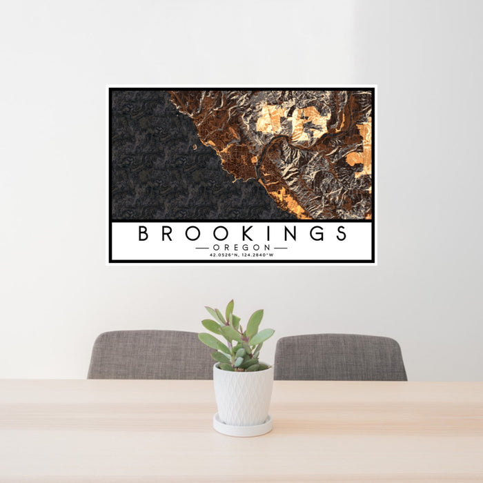 24x36 Brookings Oregon Map Print Lanscape Orientation in Ember Style Behind 2 Chairs Table and Potted Plant