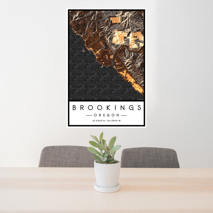 24x36 Brookings Oregon Map Print Portrait Orientation in Ember Style Behind 2 Chairs Table and Potted Plant