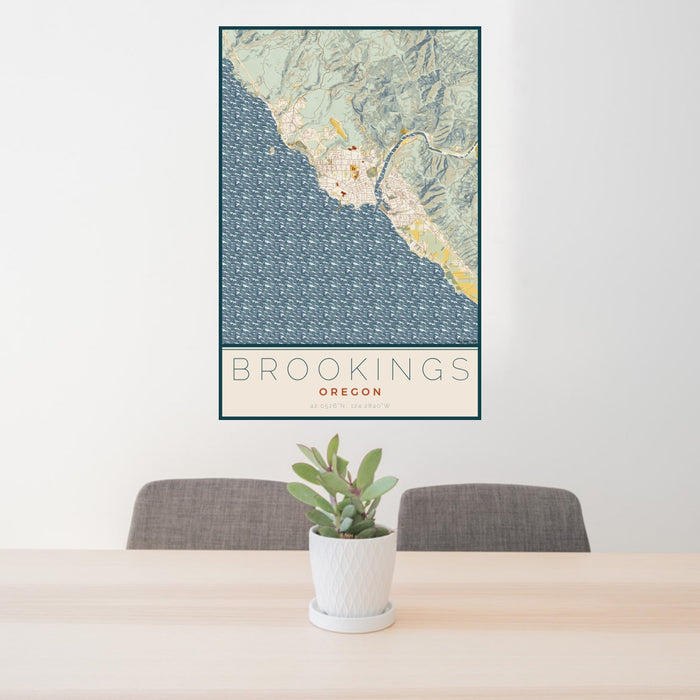 24x36 Brookings Oregon Map Print Portrait Orientation in Woodblock Style Behind 2 Chairs Table and Potted Plant