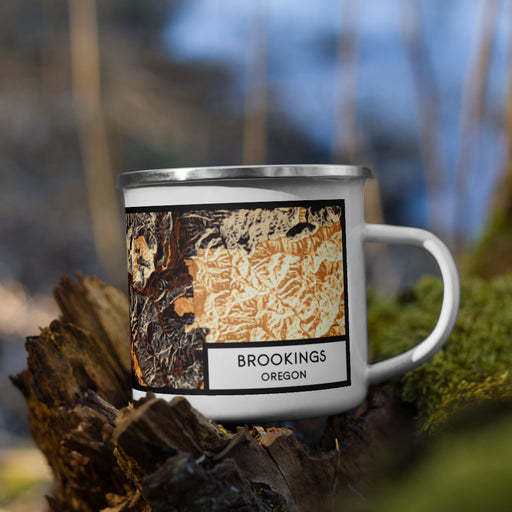 Right View Custom Brookings Oregon Map Enamel Mug in Ember on Grass With Trees in Background