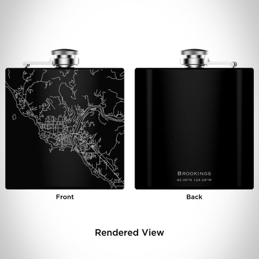 Rendered View of Brookings Oregon Map Engraving on 6oz Stainless Steel Flask in Black