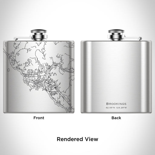 Rendered View of Brookings Oregon Map Engraving on 6oz Stainless Steel Flask