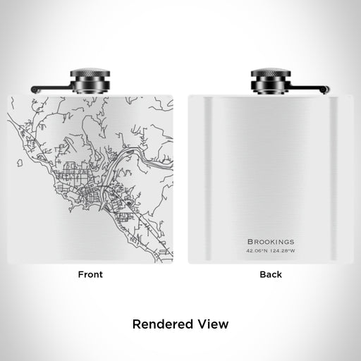 Rendered View of Brookings Oregon Map Engraving on 6oz Stainless Steel Flask in White