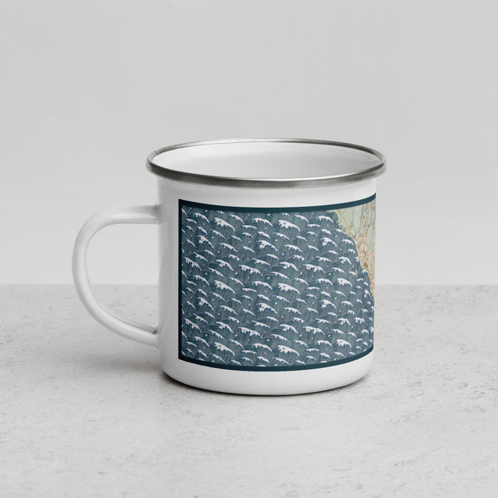 Left View Custom Brookings Oregon Map Enamel Mug in Woodblock