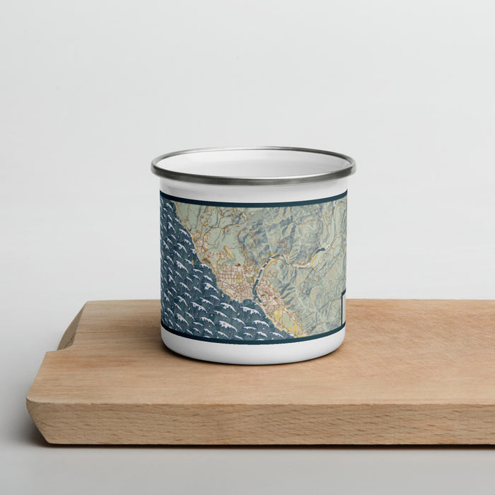 Front View Custom Brookings Oregon Map Enamel Mug in Woodblock on Cutting Board