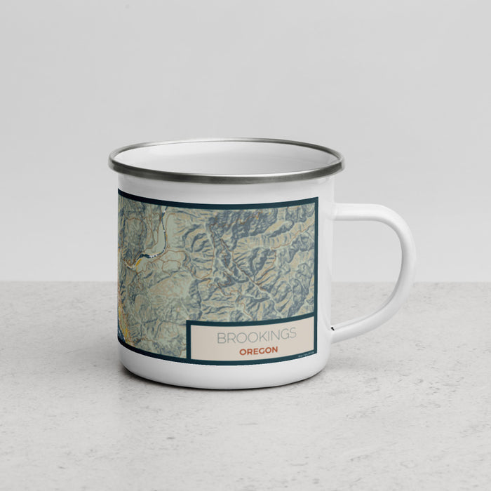 Right View Custom Brookings Oregon Map Enamel Mug in Woodblock