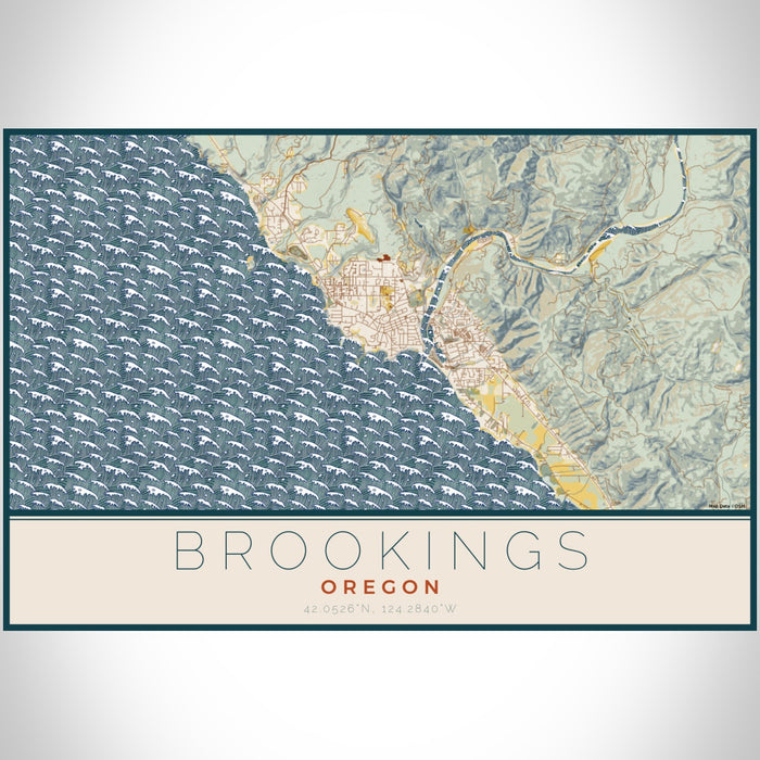 Brookings Oregon Map Print Landscape Orientation in Woodblock Style With Shaded Background