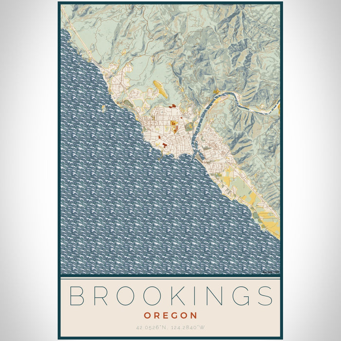 Brookings Oregon Map Print Portrait Orientation in Woodblock Style With Shaded Background